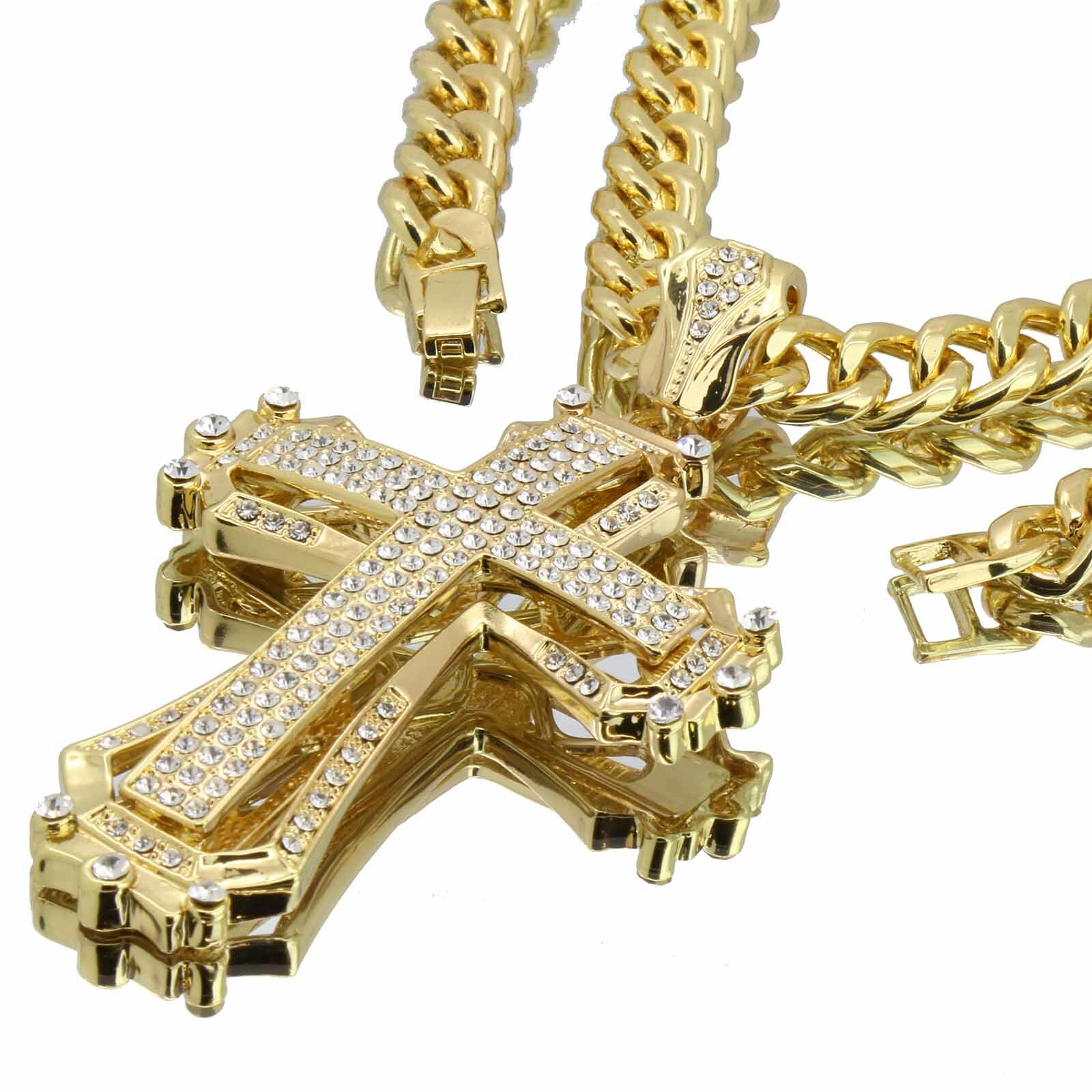 Hip Hop Gold Plated Large HOLLOW CROSS Pendant Cubic-Zirconia 30″ Cuban Chain