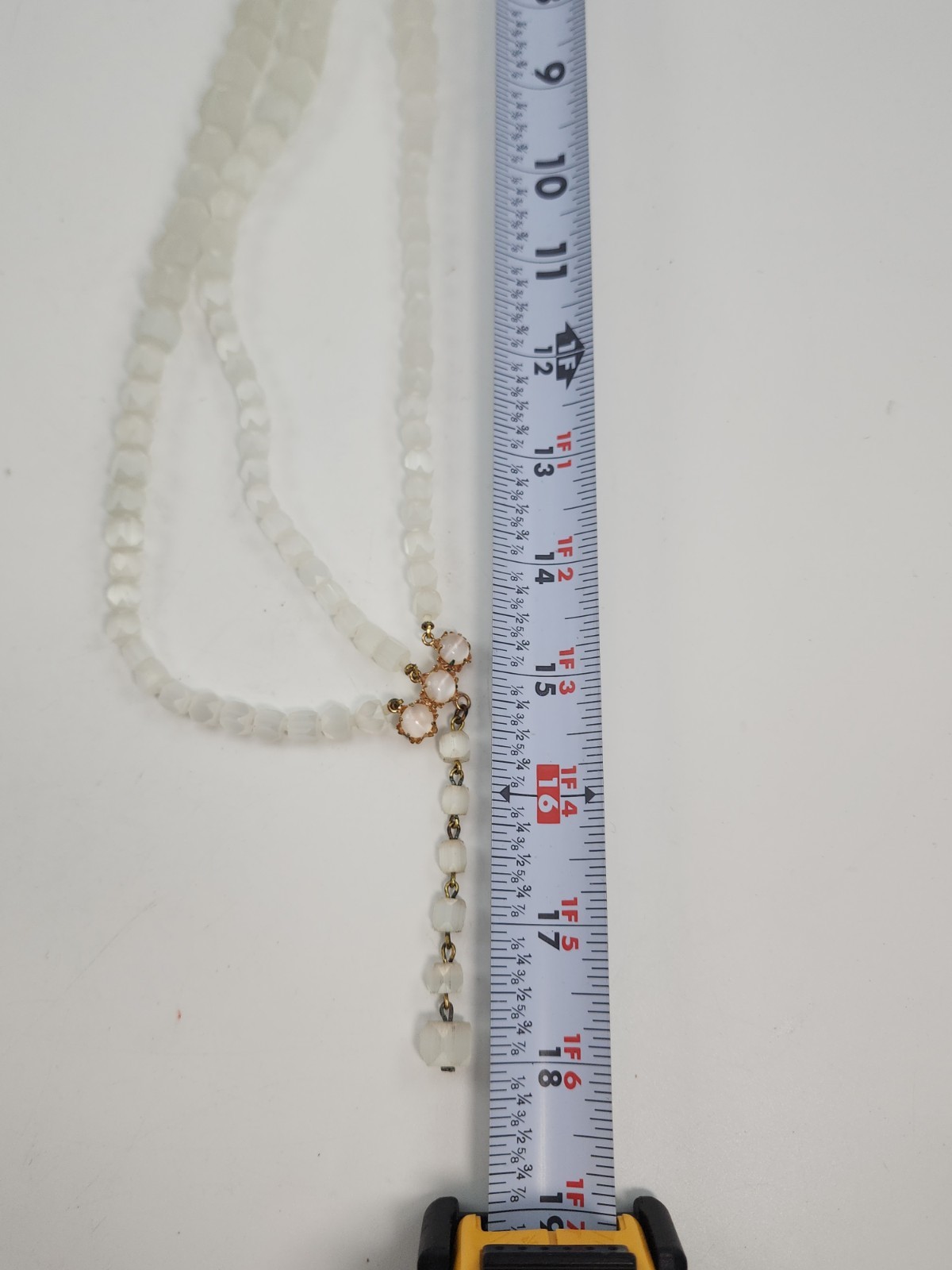 Vintage Czech Glass Triple Strand Necklace Pentagon Faceted White Satin Atlas