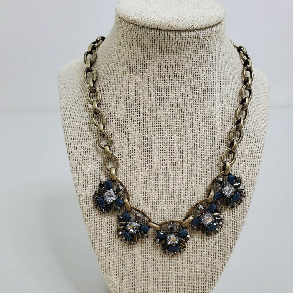 Ann Taylor Loft Necklace Statement Blue Rhinestone Gold Tone Chain Gray