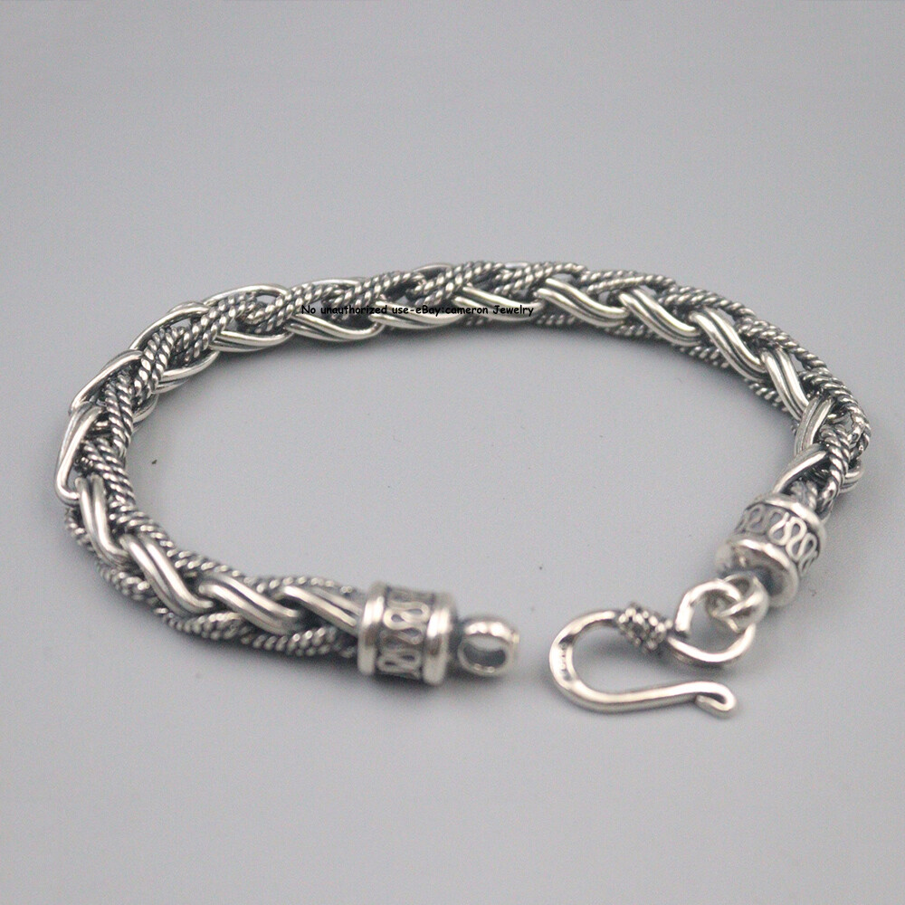 Solid S925 Sterling Silver Chain 7mm braided Wheat Link Bracelet 34-35g 7.9inch