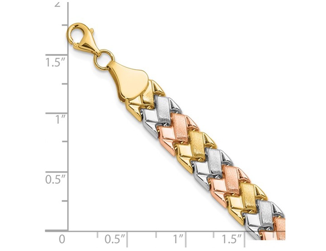 10K Yellow, White and Rose Gold Polished and Satin Link Bracelet (7.5 Inches)