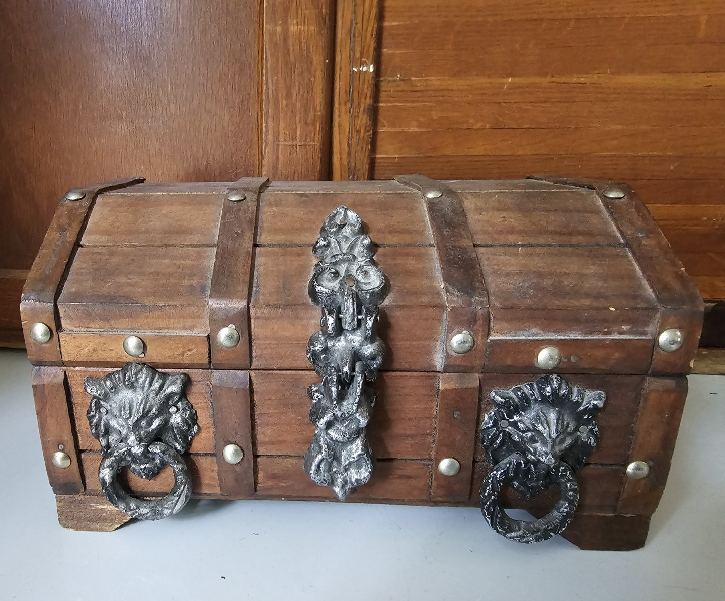 Wood Treasure Chest Style Jewelry Keepsake Box, Hinged Lid, 9 in