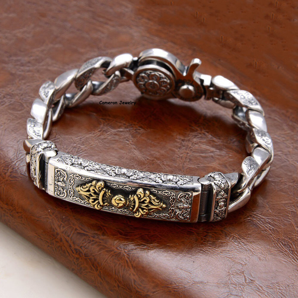 Pure S925 Sterling Silver Bracelet 11mm Vajra Six Words Curb Link Chain 7-8.7in