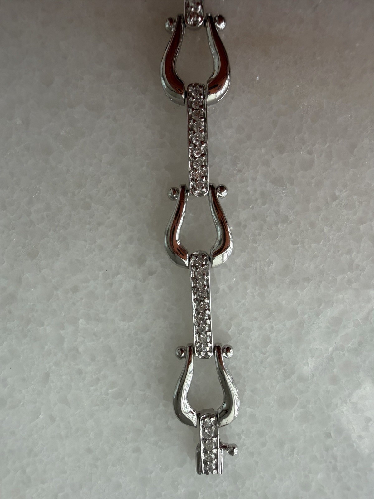 14K White Gold Link Chain Bracelet with Pavé Clear Crystals, Lobster Clasp 7 in