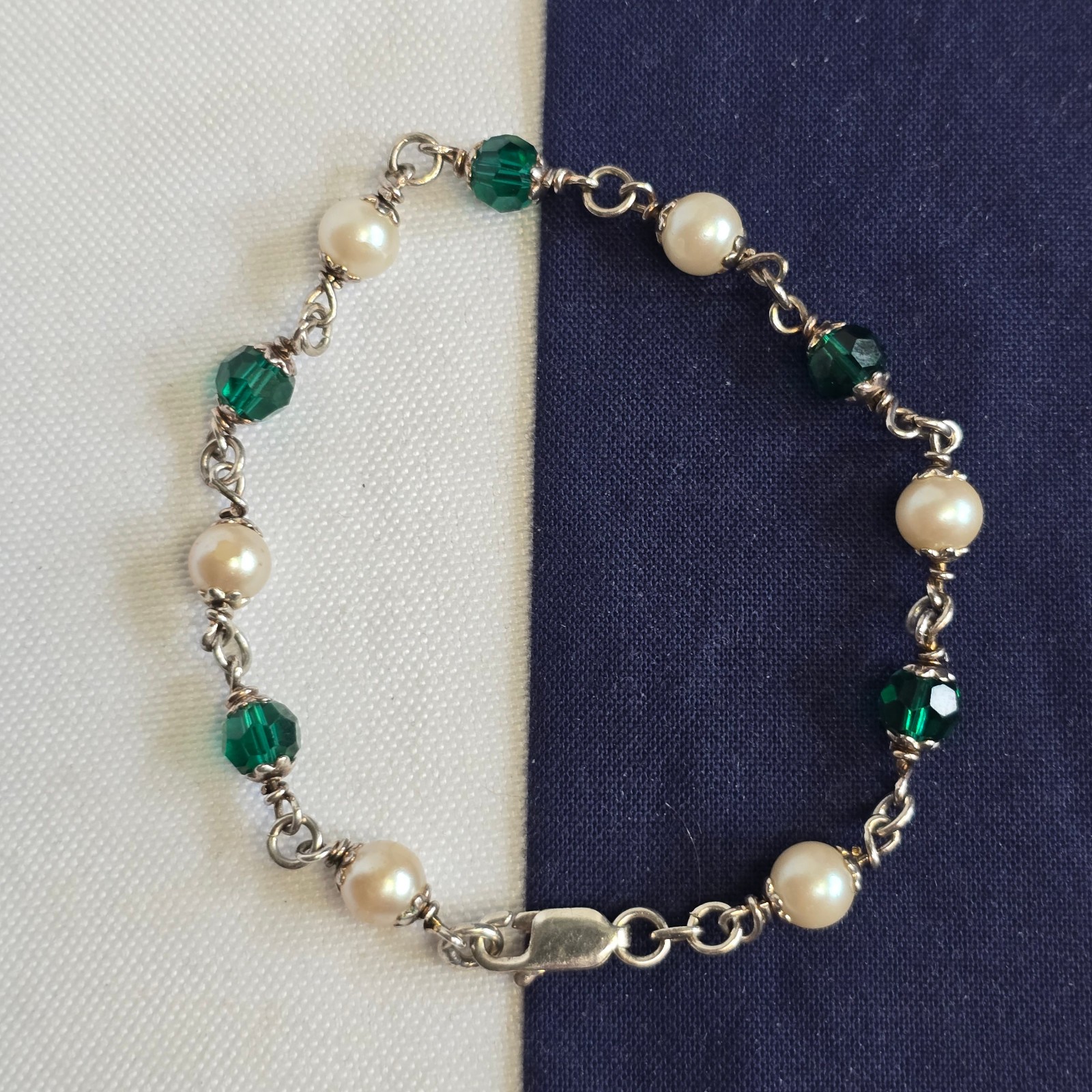 Sterling Silver Bracelet 7.36g Jewelry 7.5″ Faux Pearls & Green Stones *READ*
