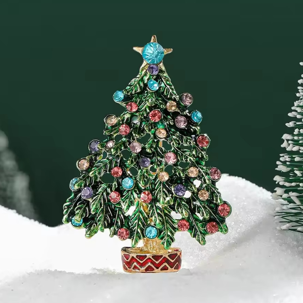 Vibrant Rhinestone Christmas Tree Brooch Pin Crystal Holiday Winter Jewelry Gift