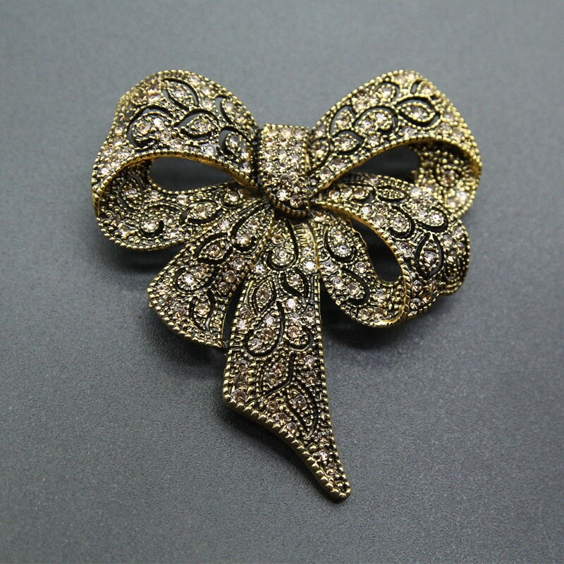 Vintage Black Color Rhinestone Bow Brooches for Women Large Bowknot Brooch Pin