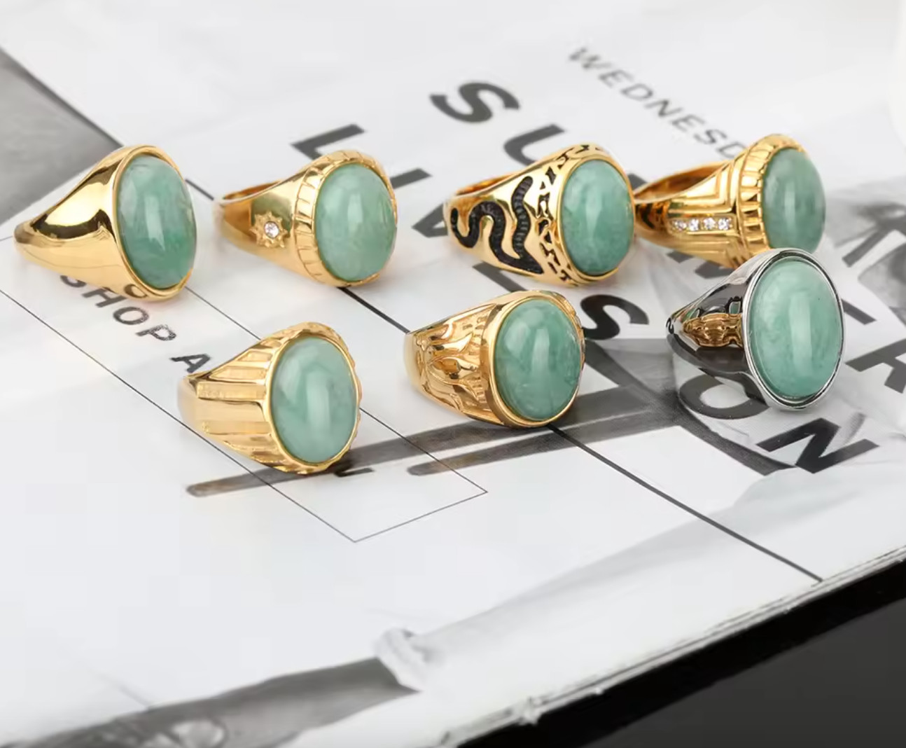 Men’s Ring Stainless Steel Gold Color Green Jade Oval Shape Natural Gemstone