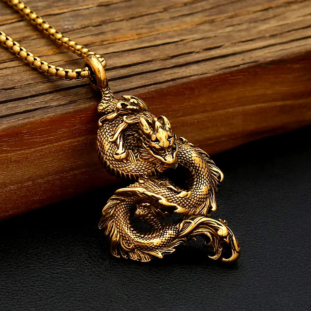 Antique Gold Silver Two Tone Stainless Steel Chinese Dragon Amulet Necklace Punk