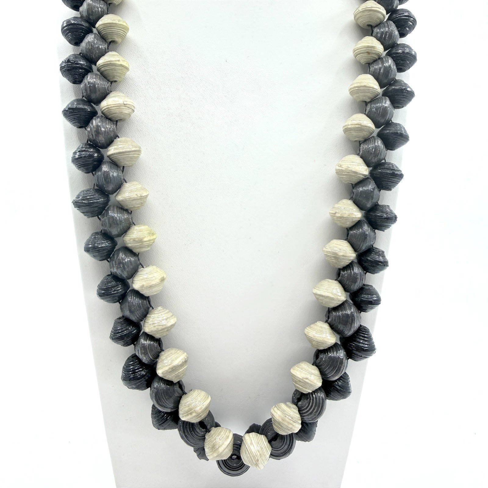 Vintage Boho Black Cream Handcrafted Rolled Paper Bead Strand Statement Necklace