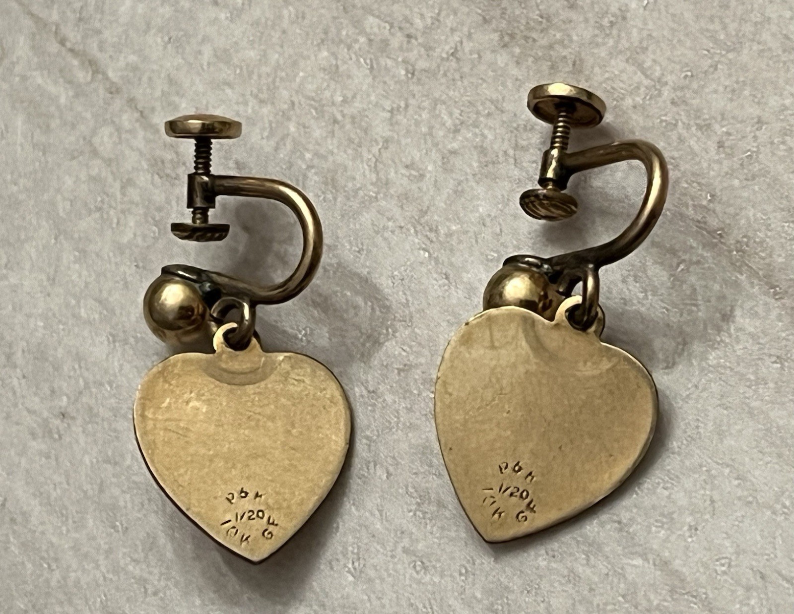 VTG 1/20 10K GF & 1/20 12K GF Monogrammed Heart Dangle Screw Back Earrings