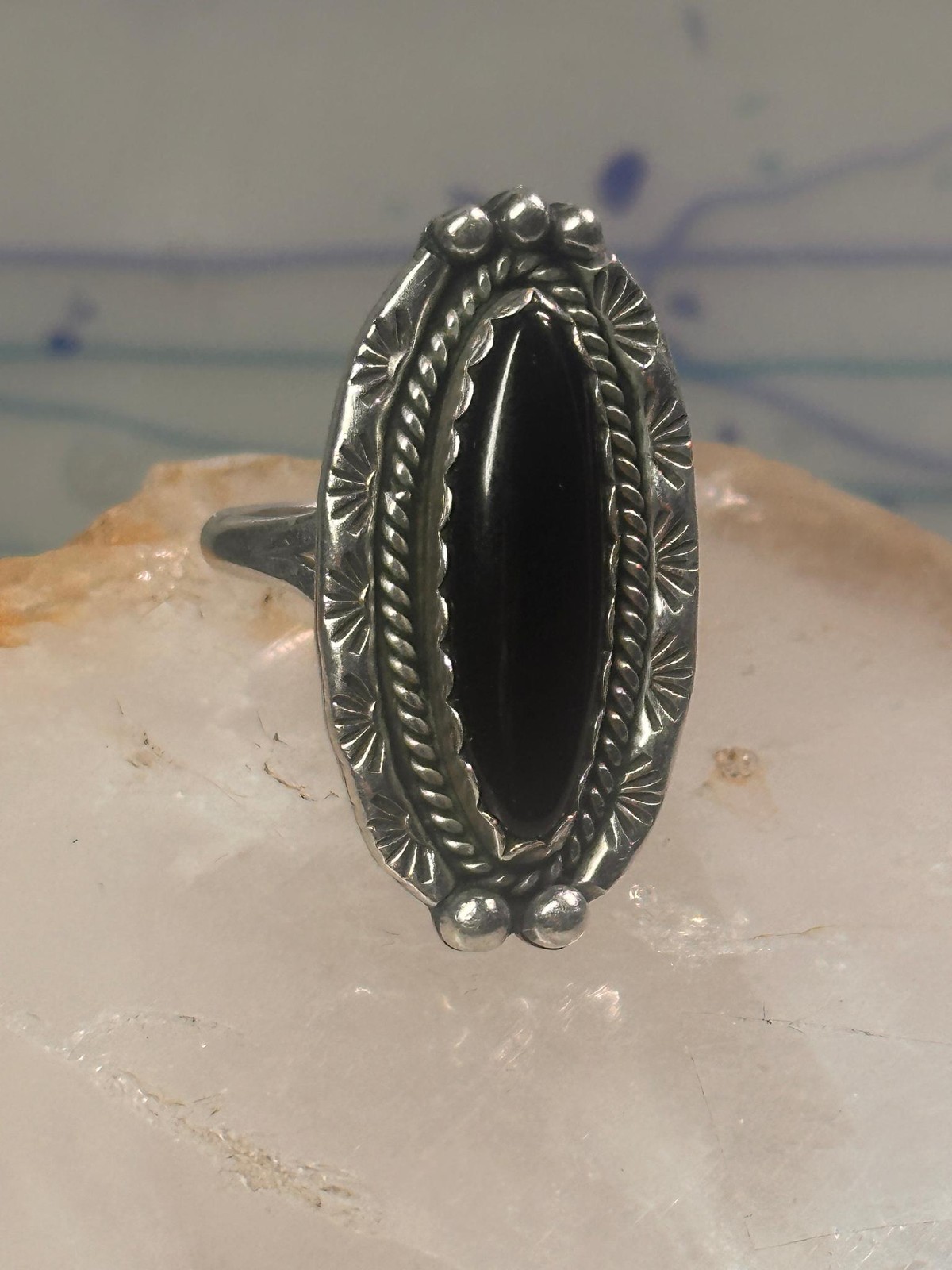 Navajo Ring Long Onyx size 6.5 sterling silver women girls signed LY
