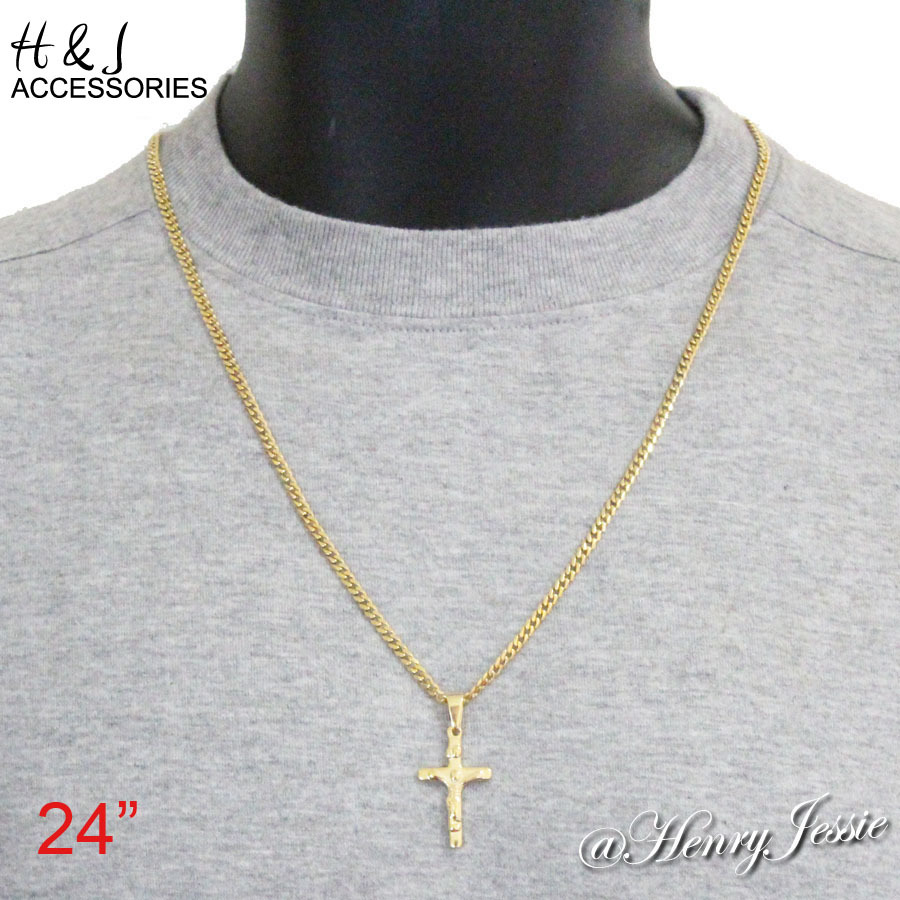 24″Stainless Steel 3mm Gold Plated Cuban Curb Necklace Small JESUS Cross Pendant