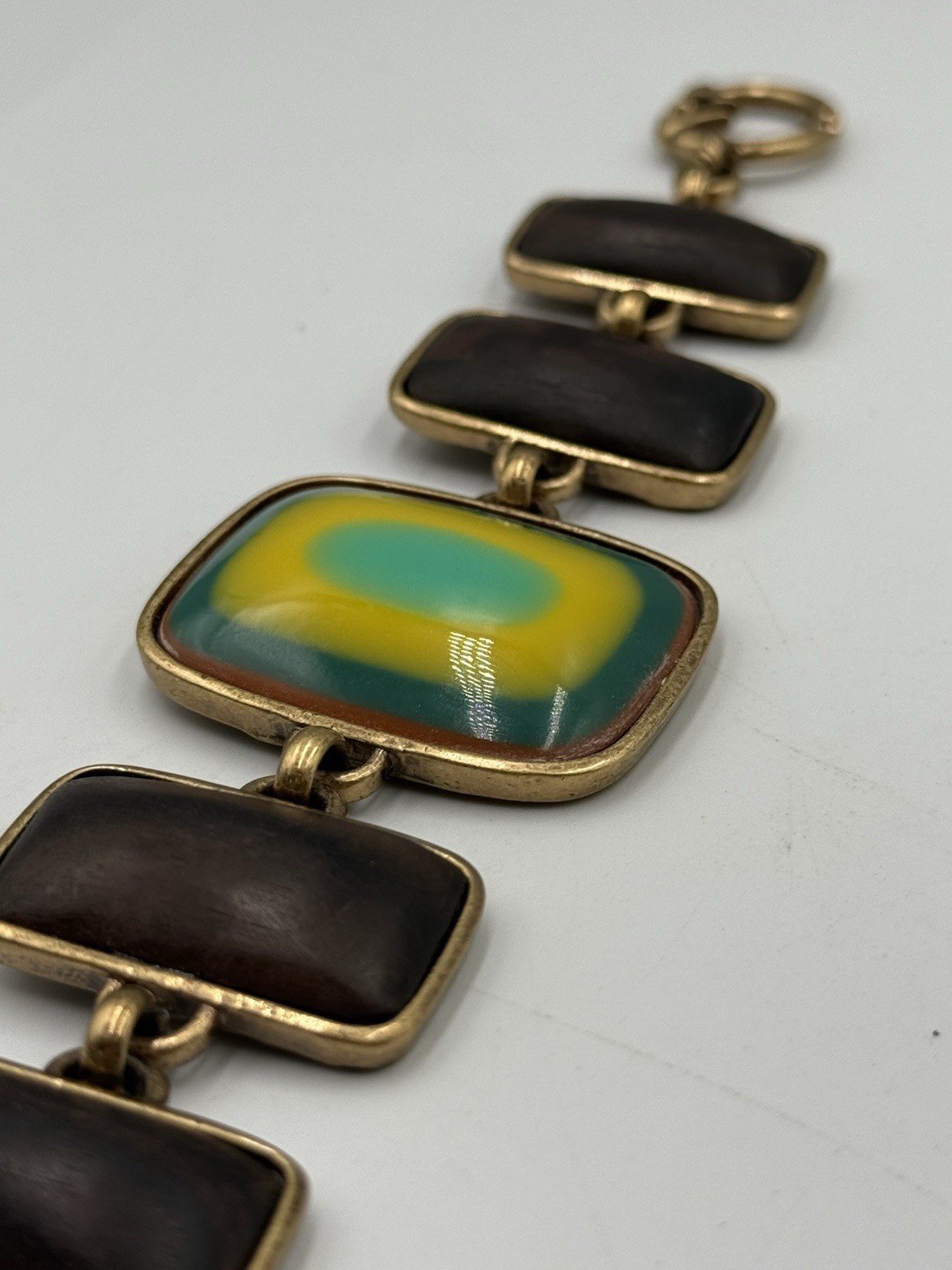 Lucky Brand Gold Tone Wood Resin Statement Toggle Bracelet Boho Retro
