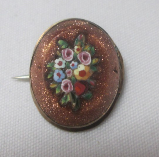Tiny Antique Pietra Dura Floral Design Set in Goldstone Pin Brooch