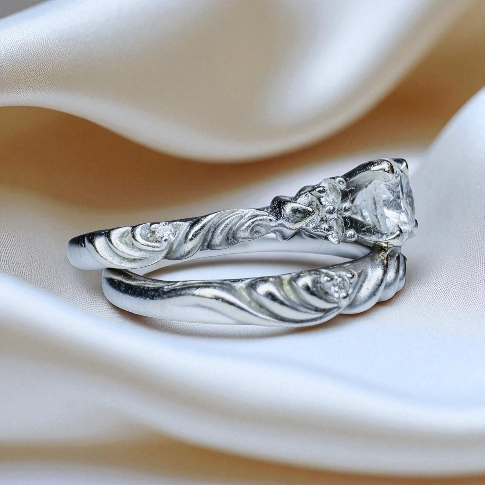 14K White Gold 1CT Diamond Ring Wedding Set $5375 Floral “Gossimer” by ARTCARVED