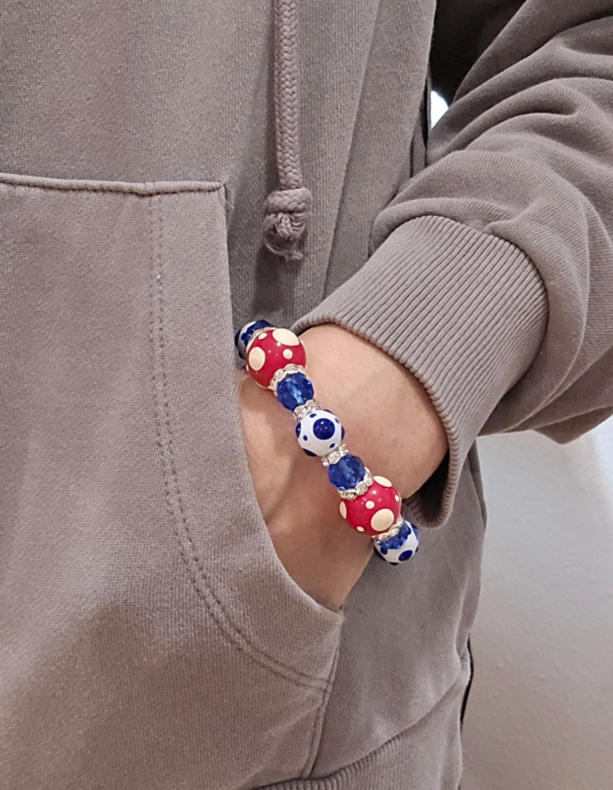 Polka Dot Red White Blue Patriotic Bracelet for Women Glass Beaded Stretch