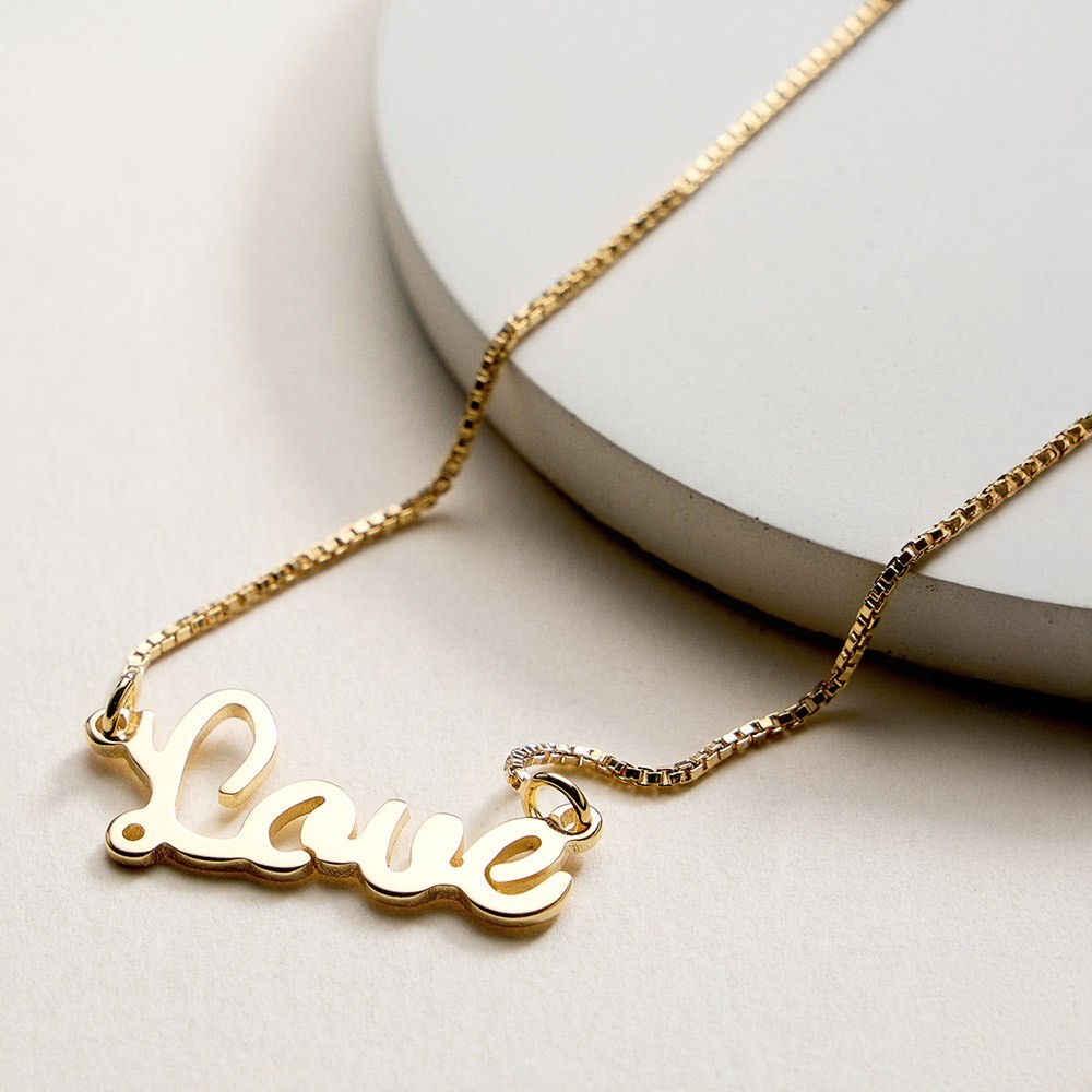 18K Gold Filled Love Script Pendant Necklace Box Chain Romantic Gift for Women