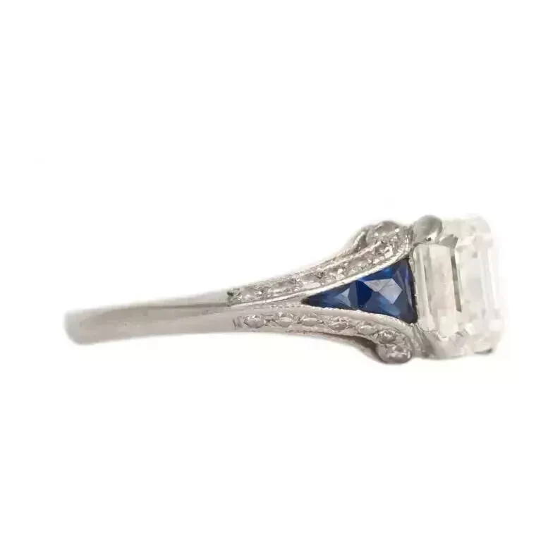 Art Deco Style Emerald Cut Lab Created Diamond Engagement 14K White Gold FN Ring
