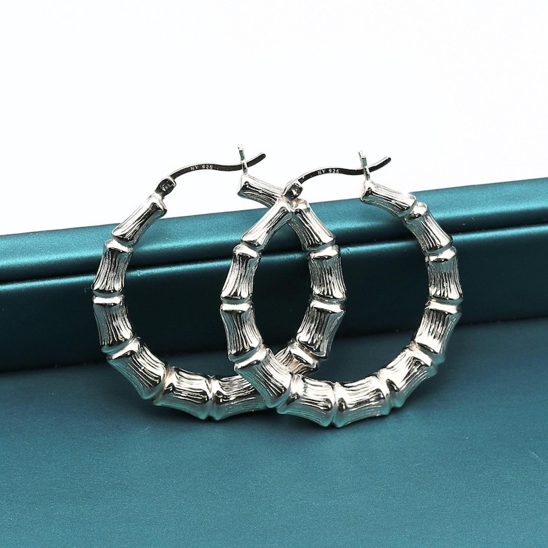 925 Solid Sterling Silver Bamboo Texture Chunky Creole Hoop Earrings All Sizes