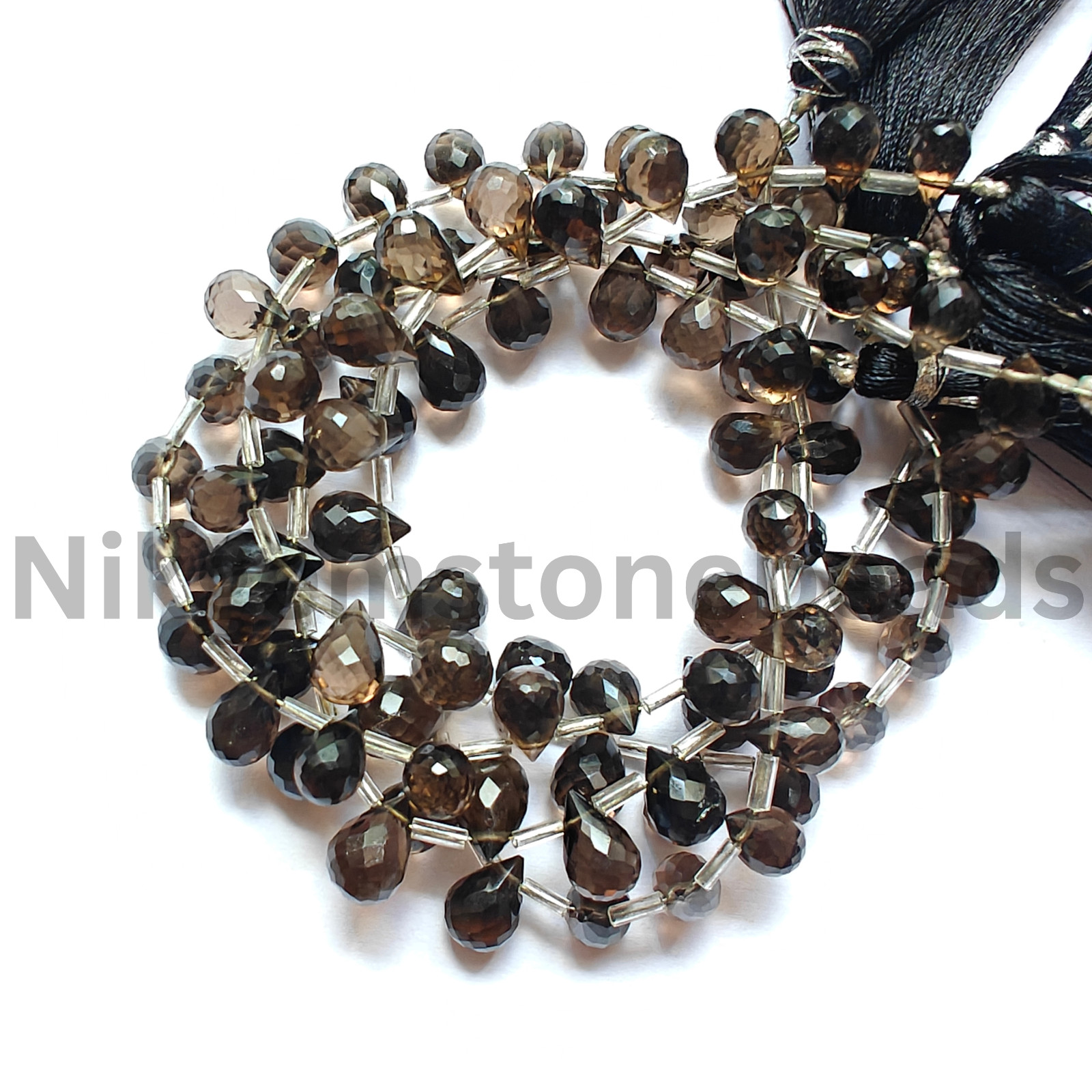 Natural Smokey Quartz Gemstone, Briolette Faceted Drop Cut Beads, 9.25-11.00 MM.