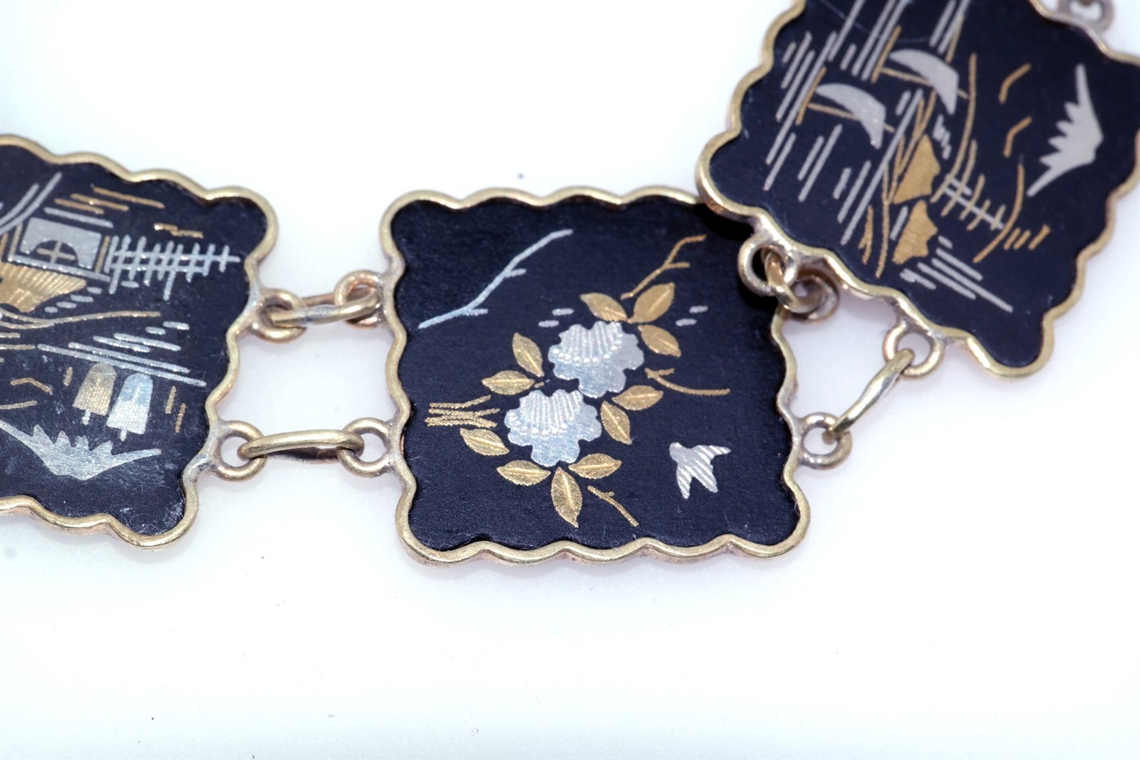 Vtg Japanese Damascene Shakudo Panel Bracelet plus Earrings
