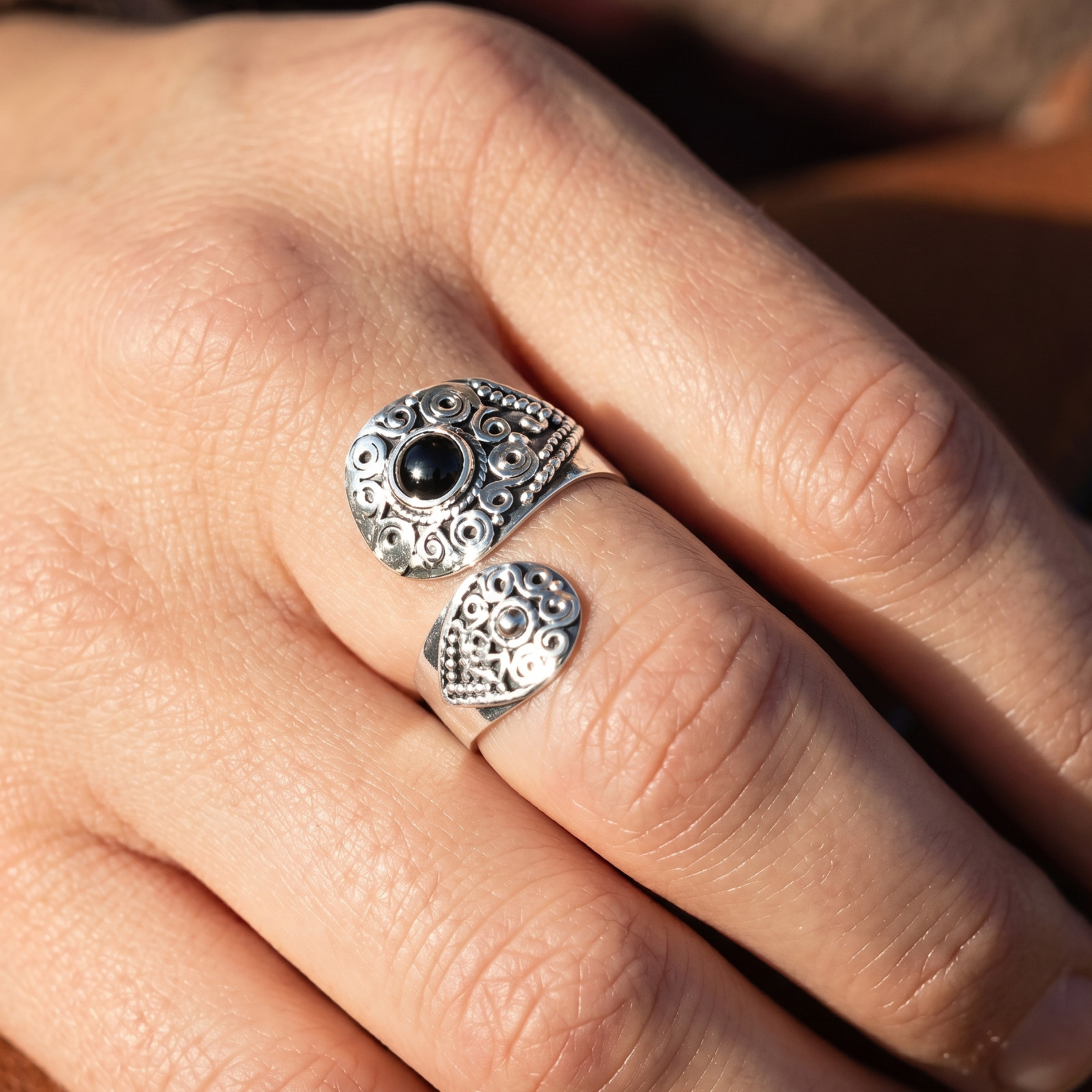 Dark Beauty Black Onyx Wrap Ring 925 Oxidized Silver Adjustable Sizes 6-10