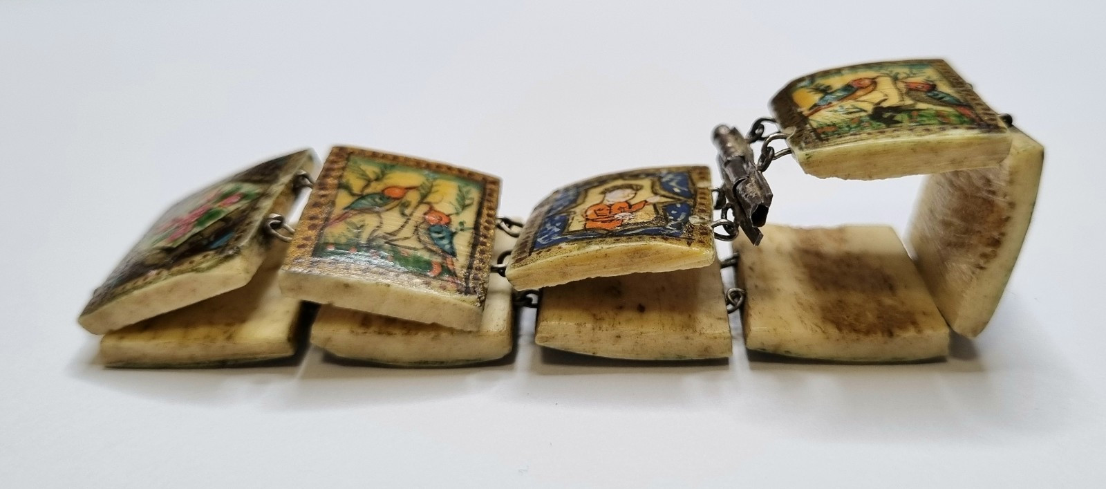 Antique Eastern European Folk Art Bone Panel Bracelet, Sterling Silver, c.1900