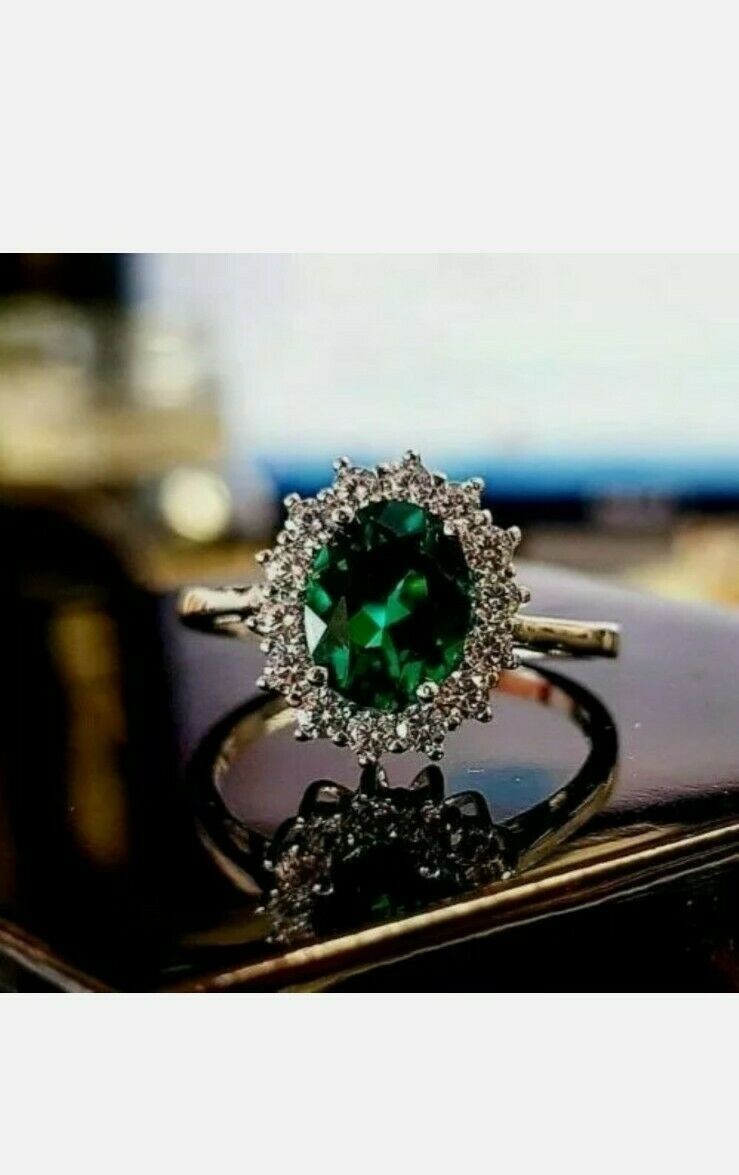 3.94 Ct Oval Cut Natural Emerald Diamond Wedding Engagement Ring 14K White Gold