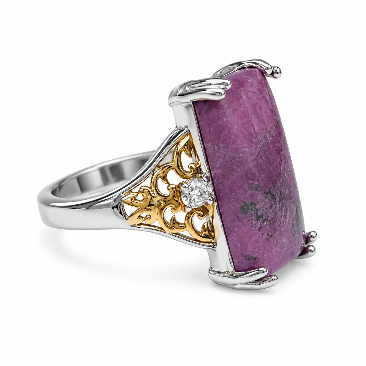 Statement Ring Pink Howlite White Topaz Ion Plated Gold Bonded Size 7 Rectangle