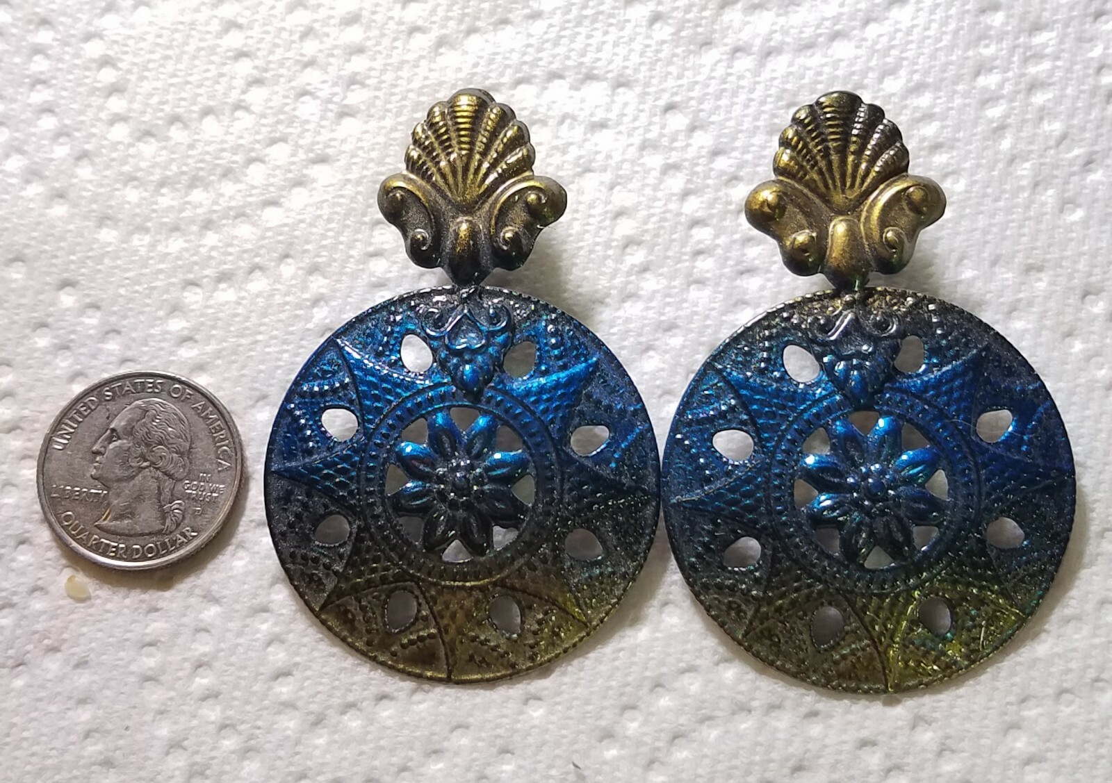 Stamped Metal Earrings Stud Type Blue and Gold
