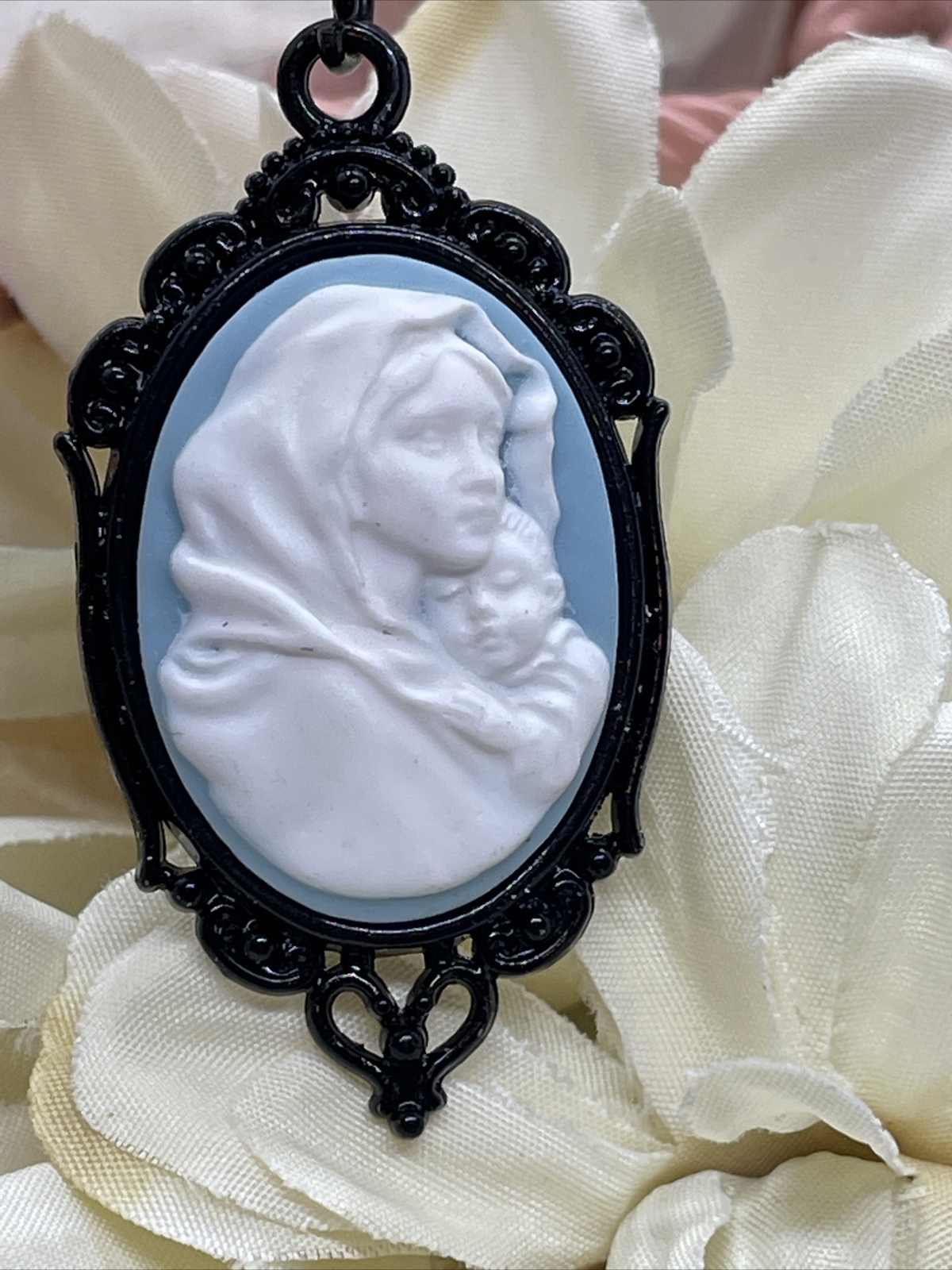 Madonna Mary Child Jesus MOM Heart Jewelry White Mothers Day necklace Cameo Bday