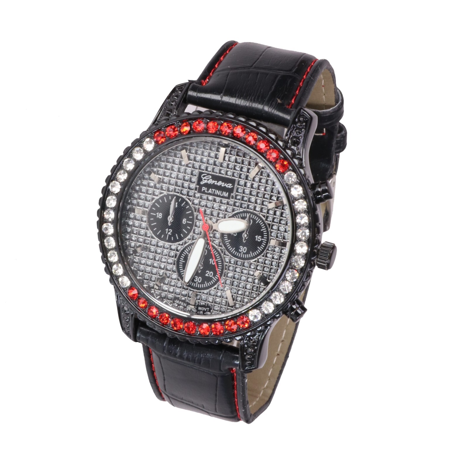 Men’s Iced Luxury Bezel Hip Hop Black Genuine Leather Band Watch
