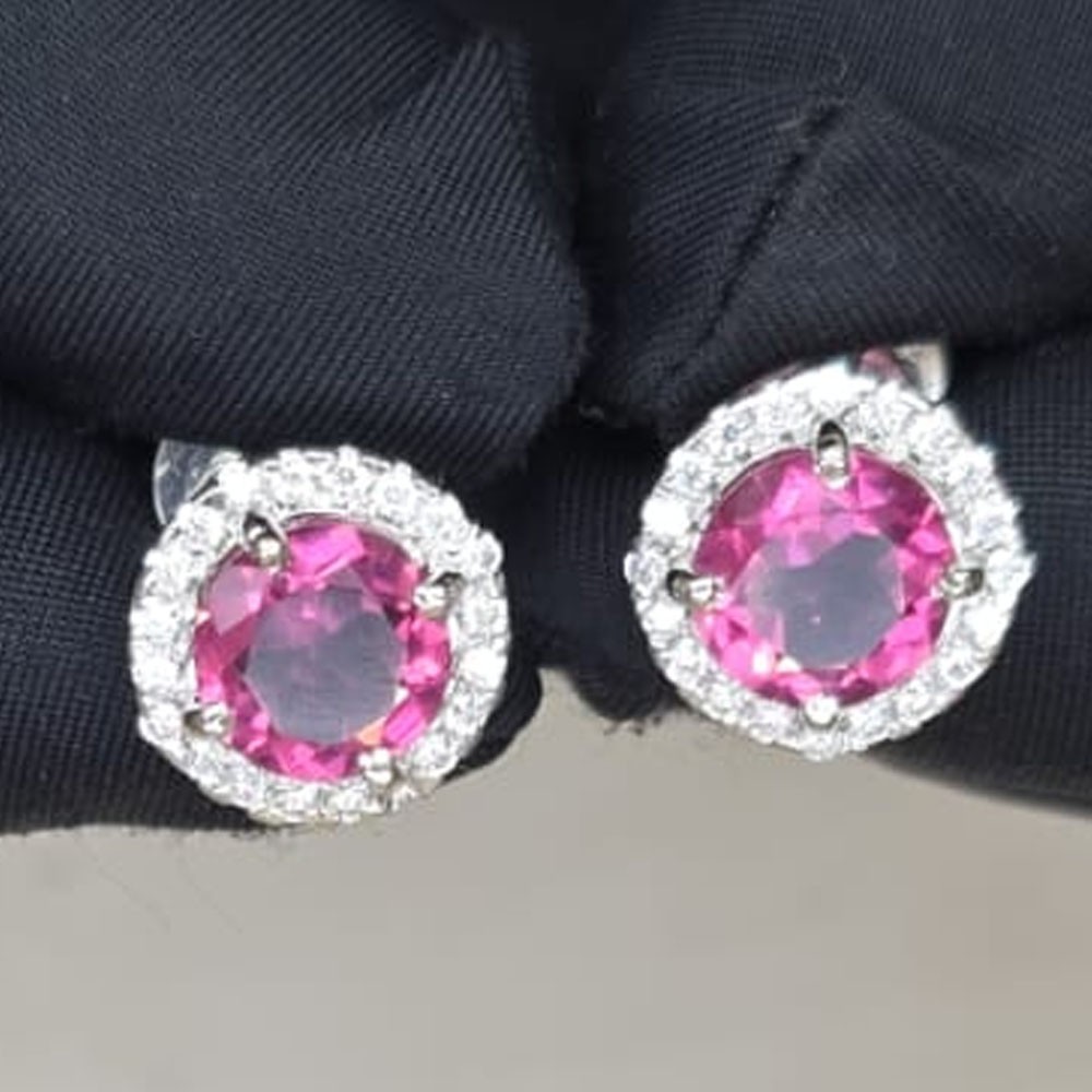 5.60Crt Round Natural Tourmaline Diamond Stud Pair Earring 18K White Gold Plated
