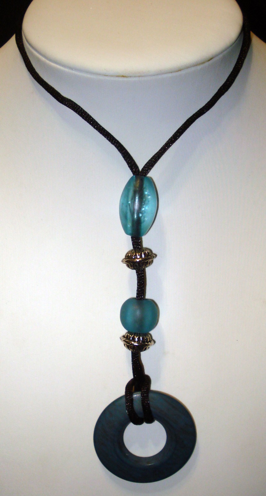 Black Cord Blue Bead Silver Tone Pendant Ring Choker Costume Jewelry Necklace