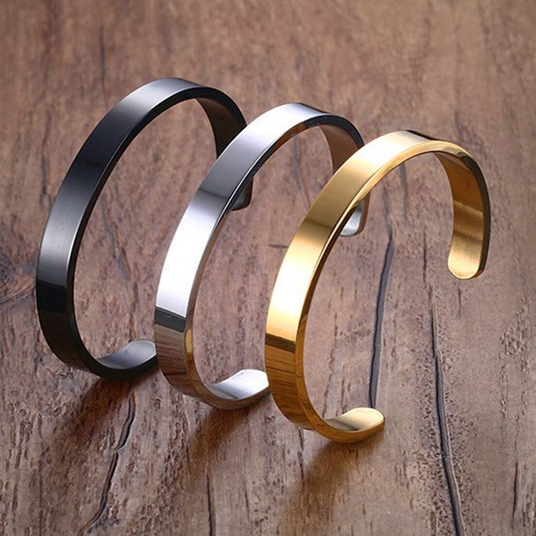 Silver/Gold/Black 6/8mm Stainless Steel Fashion Men’s Half Cuff Bracelet Bangle