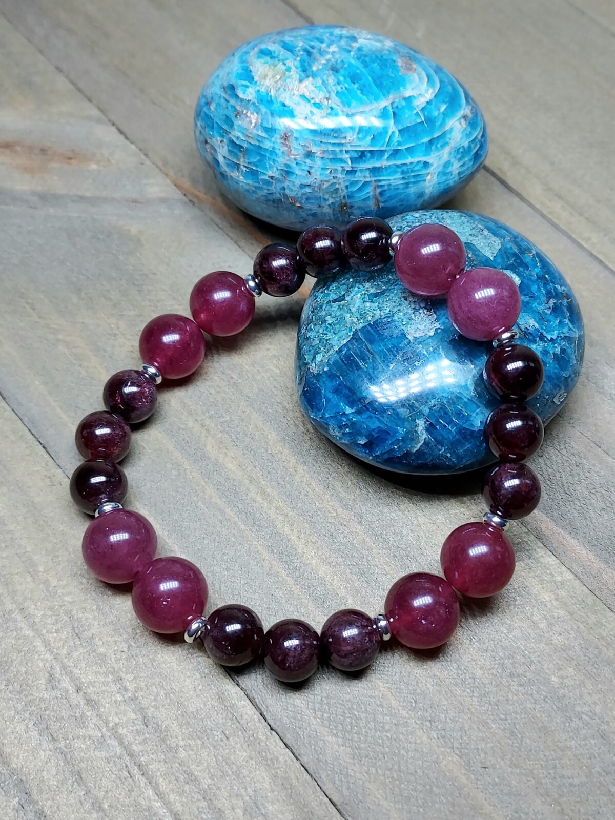 Red Garnet Gem Bead Bracelet With Dark Pink Strawberry Quartz Stretchy 6.75″