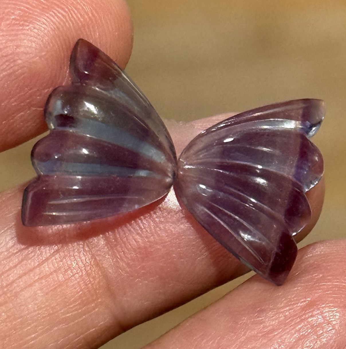 18ct 18×13.5x5mm Pair Fine Purple Blue Fluorite Carved Butterfly Wings Cabochons