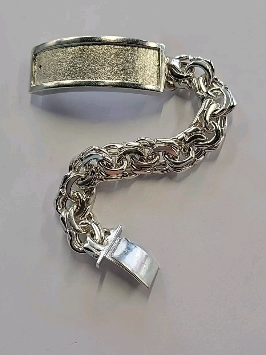 925 Sterling Silver Chino Link ID Bracelet Plain Frame 114g 8inch 15mm Hand Made