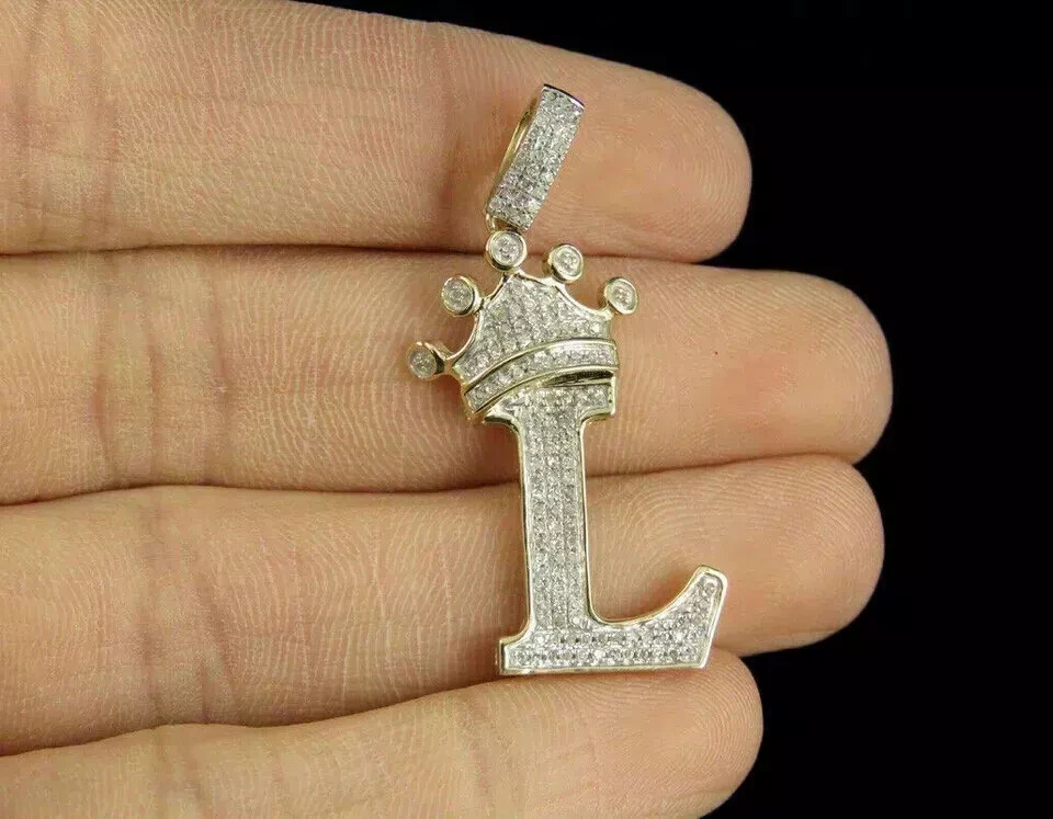 Initial Letter L Crown Diamond Custom Pendant In 10K Yellow Gold Finish 0.31 Ct