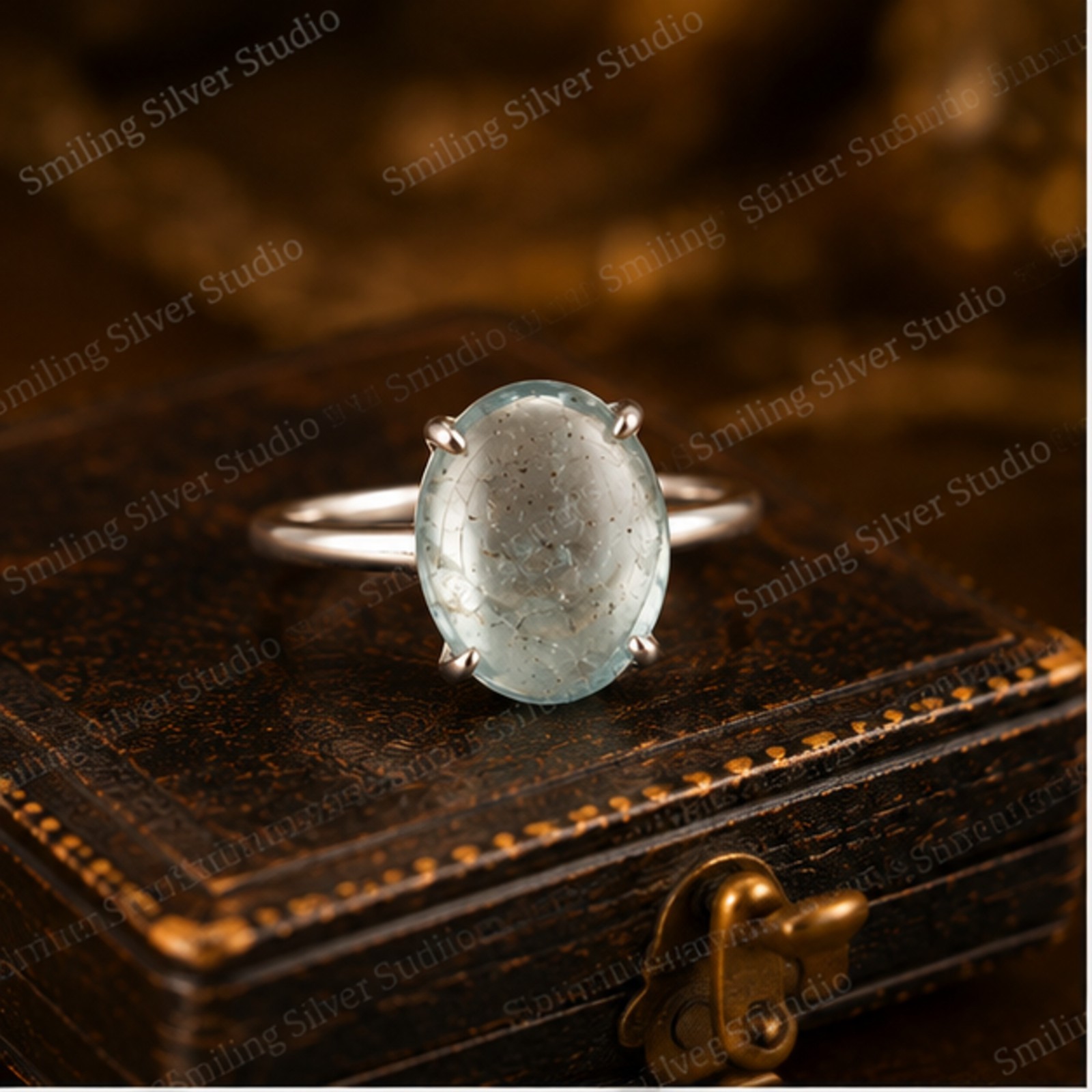 925 Sterling Silver Oval Green Cabochon Aquamarine Ring Minimalist Handmade Ring