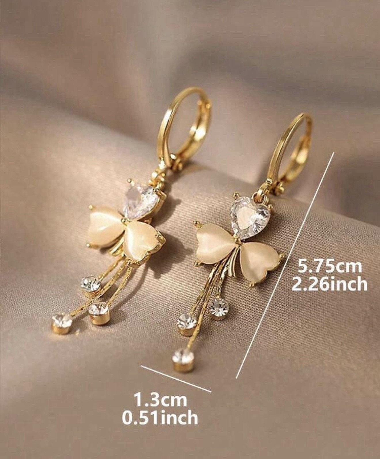 Gold-Tone Butterfly Clear Crystal Heart Dangle/Drop Hoop Earrings, Latch Back