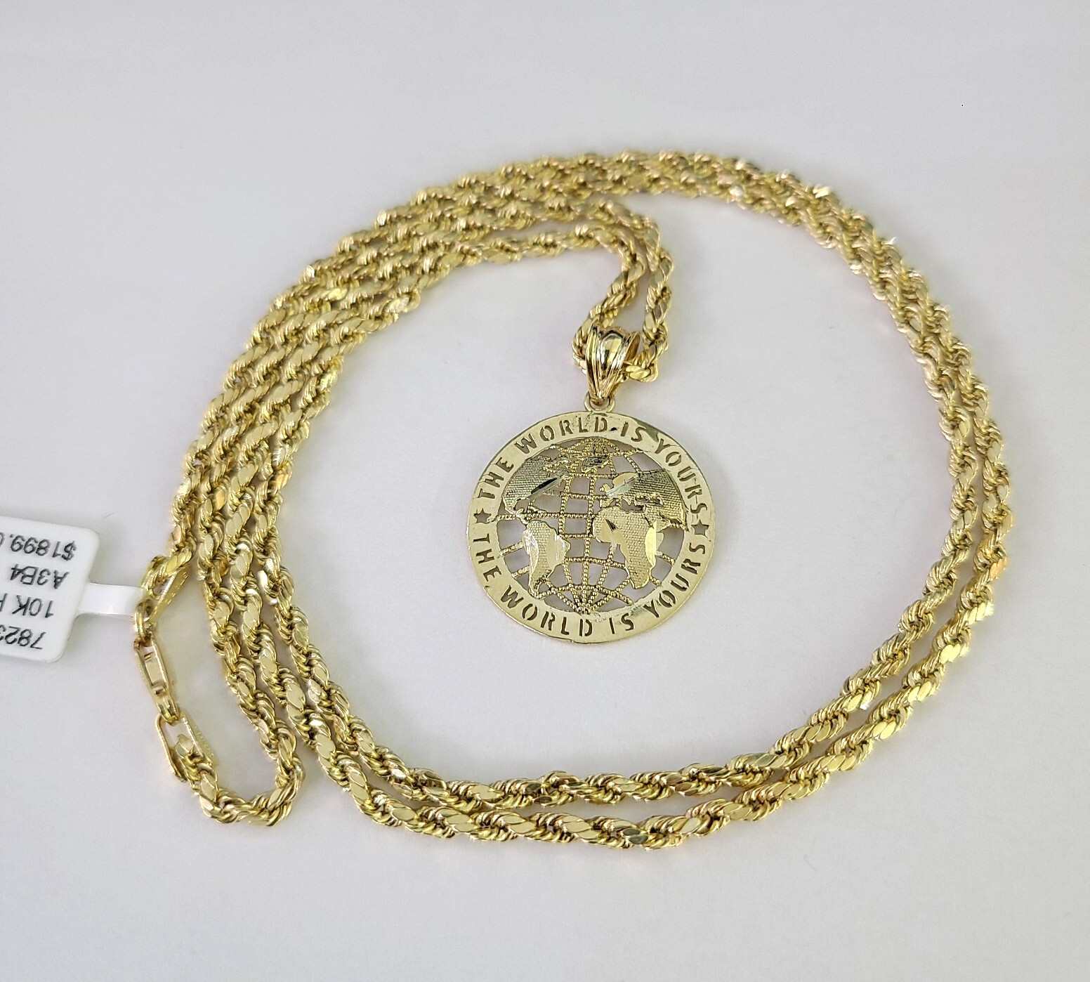 10k 2.5mm Rope Chain World is Yours Pendant 18″-28″ Gold Set Charm Necklace
