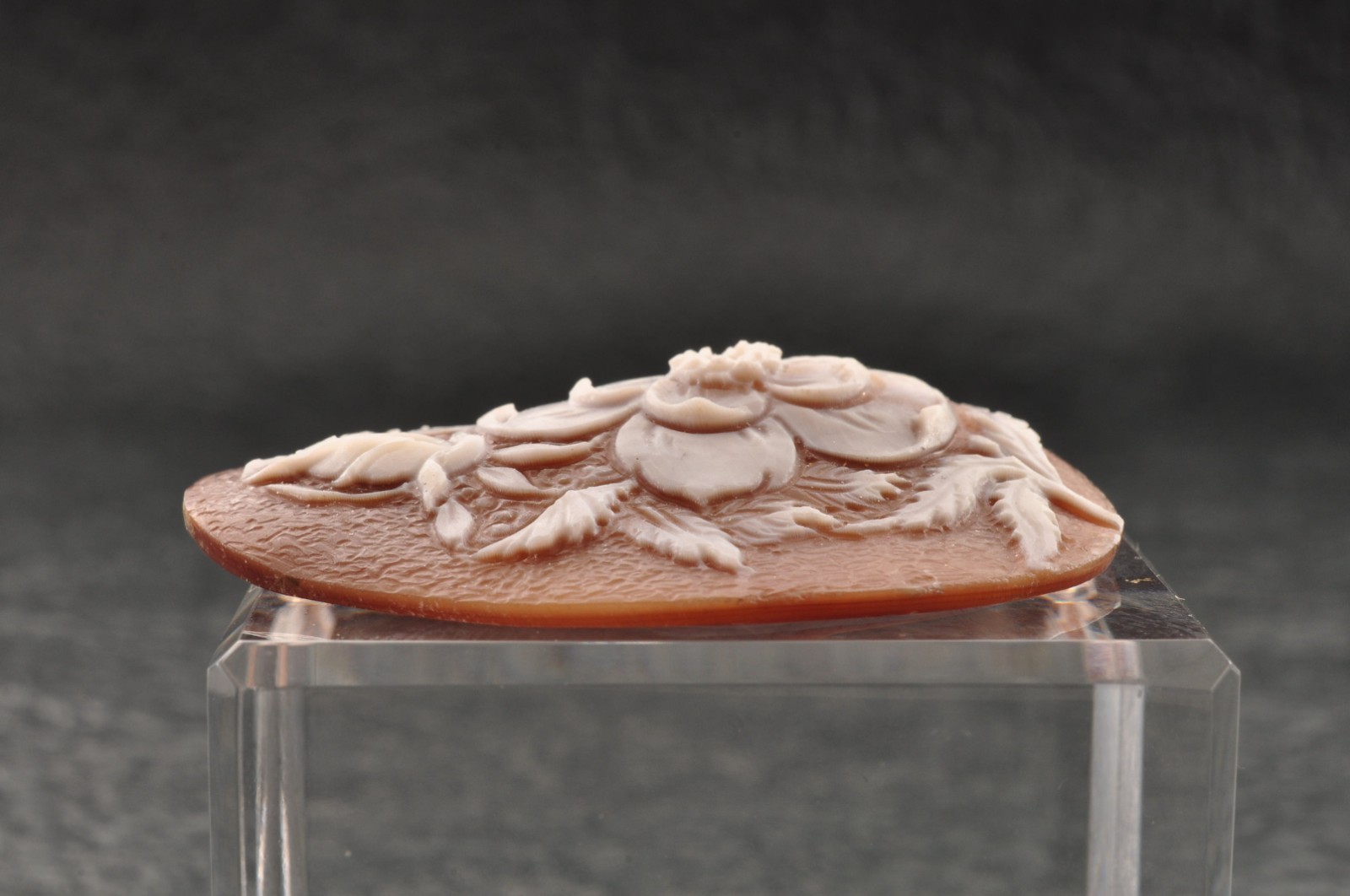 Vintage oval shape Sardonyx shell cameo, carved “Lily motif” (total 25.0ct).