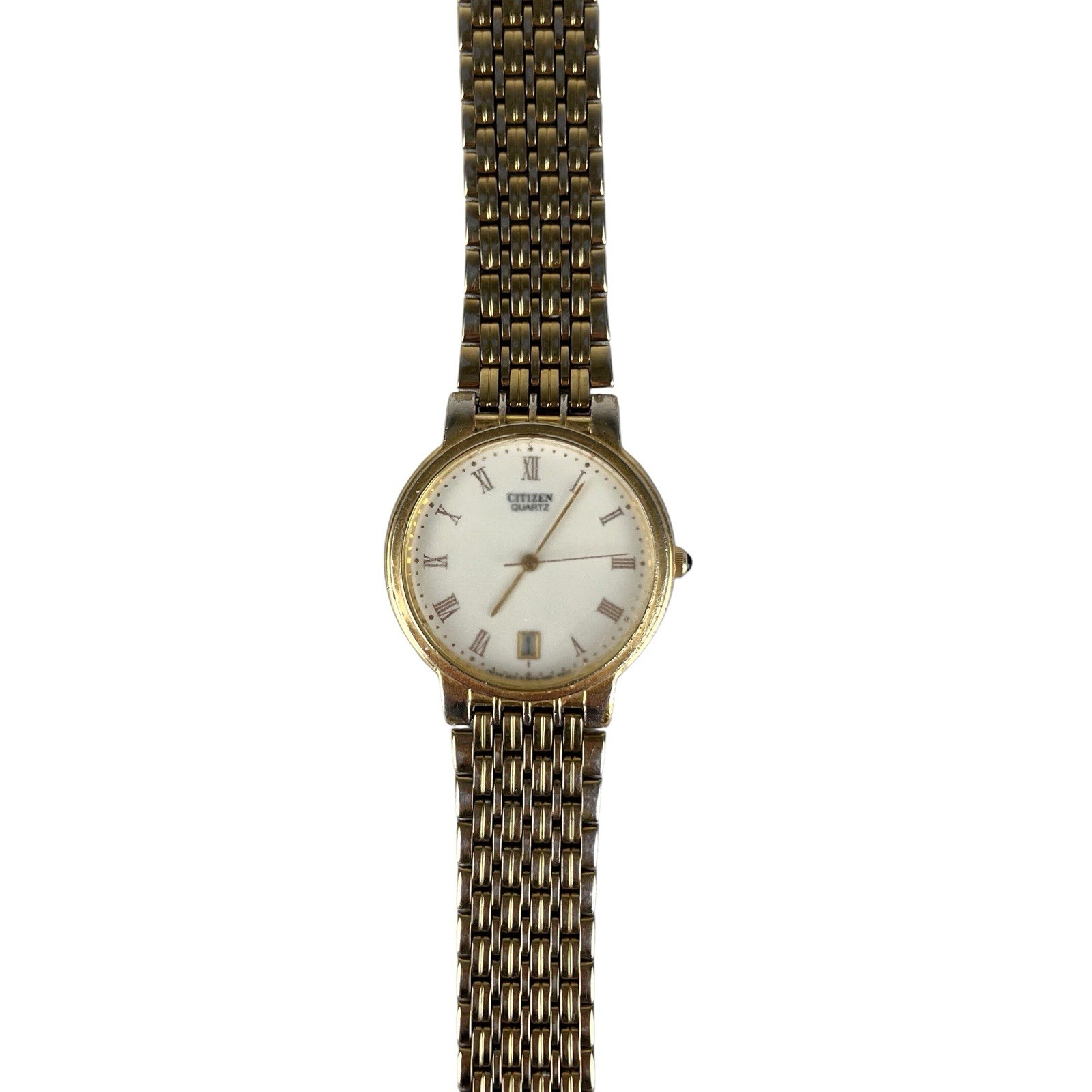 Vintage Citizen Quartz Gold Tone Watch Roman Numeral Date Classic Dress