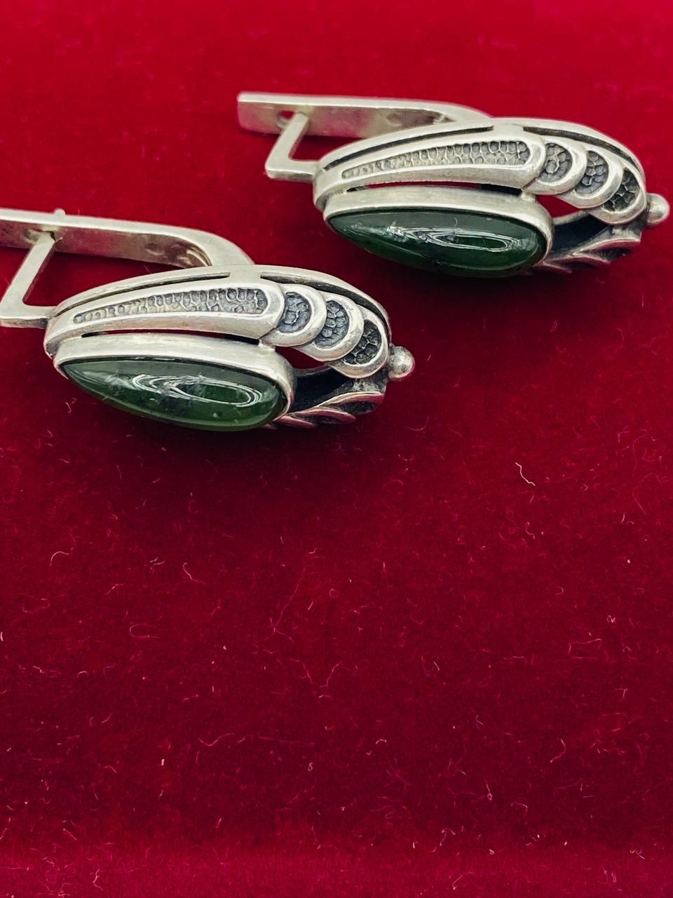 Vintage soviet Jade Earrings Silver 875 Cabochon ussr СЮ