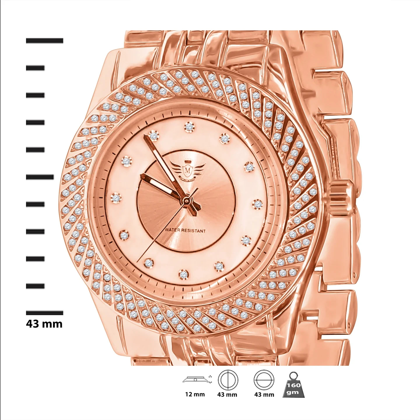 Rose Gold Mens Watch Japan Quartz Crystal Bezel Dress Luxury 43mm