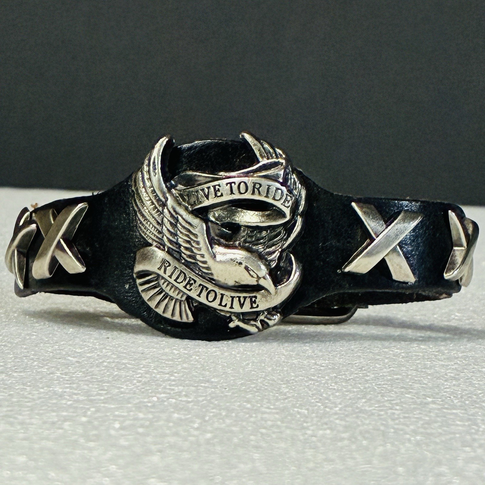 Genuine Leather Biker Bracelet LIVE TO RIDE RIDE TO LIVE 10”L Unisex Black Eagle