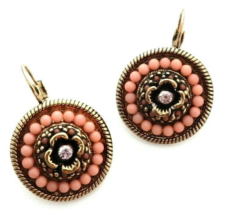 Antiqued Gold Crystal Pink Rhinestone Peach Brown Cabochon Leverback Earrings