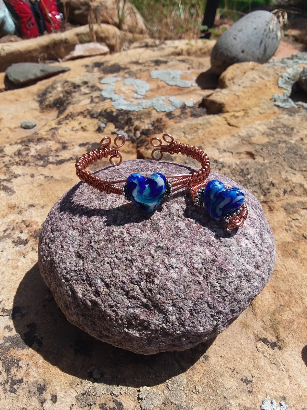 Handmade Lampwork Bead Blue Swirls, Copper Wire Cuff Bracelet And Ring To Match